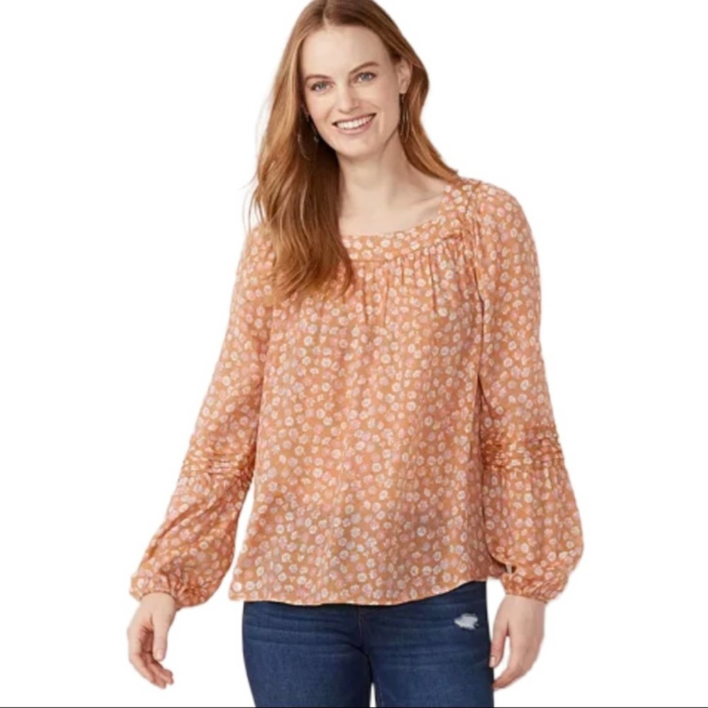LC LAUREN CONRAD | Orange Floral Print Long Sleeve Peasant Blouse
